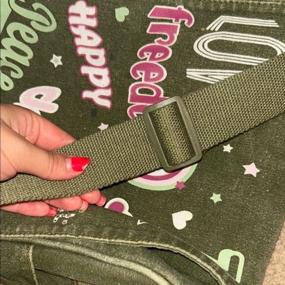 Y2k Green Vintage Canvas Shoulder Bag With Graphic Print - Picture 9 of 9